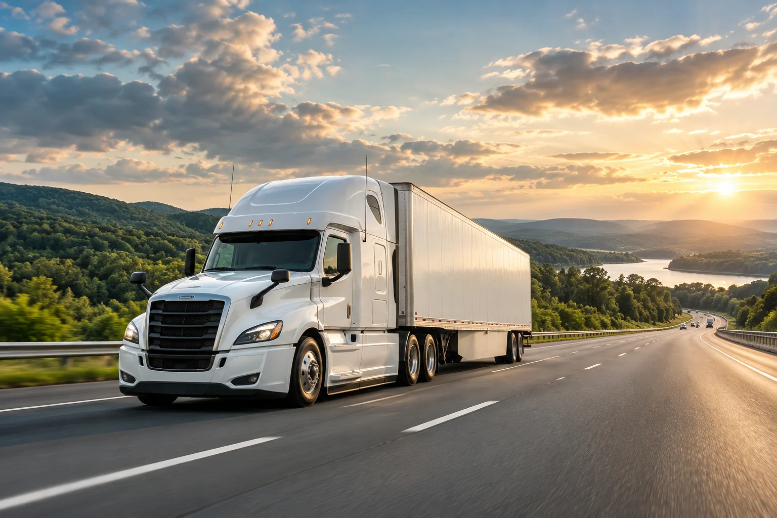White semi-truck on an open highway at sunset