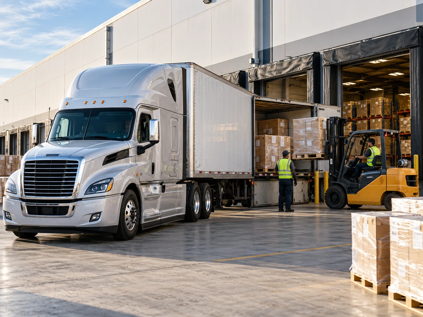 Freight trailer being unloaded at a warehouse loading dock